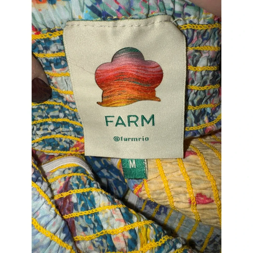 Farm Rio Smocked Blouse Women Multicolor Tropical Patchwork Metallic Medium